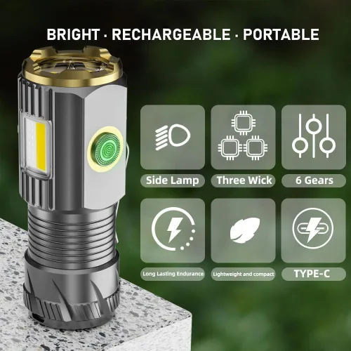 Vista 2 de Linterna LED mini recargable, 9000 lúmenes, linterna pequeña ultra brillante, con clip y imán, impermeable IPX6, 6 modos, adecuada para camping