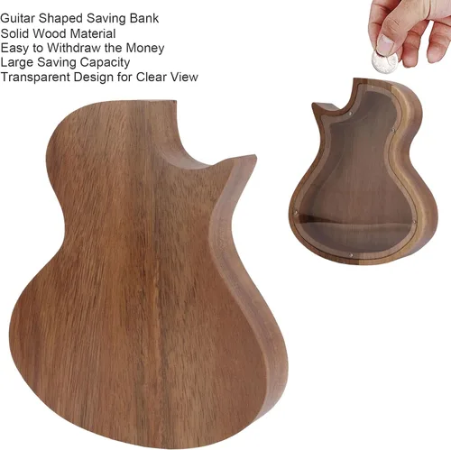 Vista 2 de Alcancía con forma de guitarra, madera maciza para decoración del hogar, vista clara, ideal para guardar regalos para el hogar