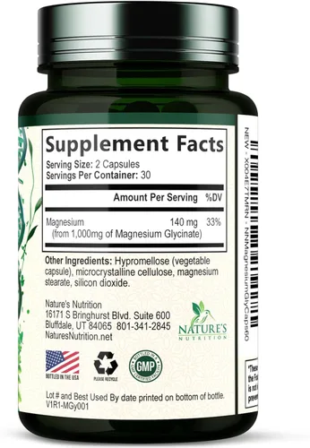 Vista 9 de Glicinato de magnesio 1000mg – Magnesio quelado para soporte de huesos, músculos, nervios y corazón, 500mg por cápsula para ultra absorción, soporte