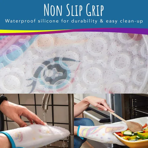 Vista 9 de Guante de horno de silicona con diseño de unicornio mágico con purpurina, guantes de cocina resistentes al calor, silicona suave, forro de tela