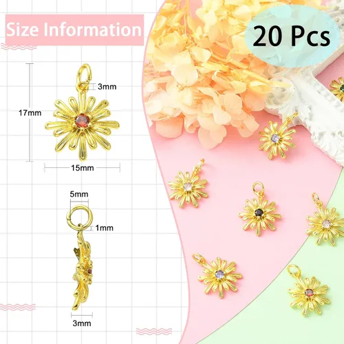 Vista 2 de Ipotkitt - 20 piezas de dijes de cobre con circonita cúbica micropavé en forma de flor con anillo de salto, dijes con forma de planta y flor