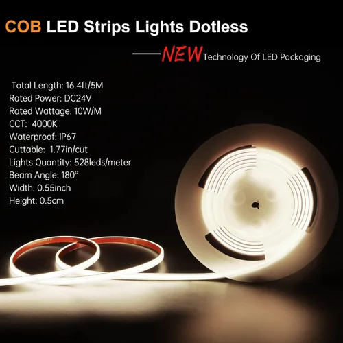 Vista 7 de dephen Tira de luces LED COB para exteriores de 16.4 pies, DC24 V 4000 K, 528 LEDS/m, IP67 impermeable cortable con cinta 3M para el hogar, balcón
