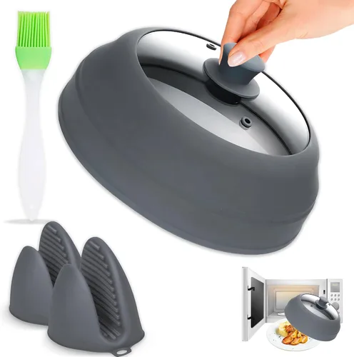Vista 8 de Cubierta de vidrio para microondas para alimentos, tapa grande de vidrio templado y silicona de 10.8 pulgadas, resistente al calor, protector