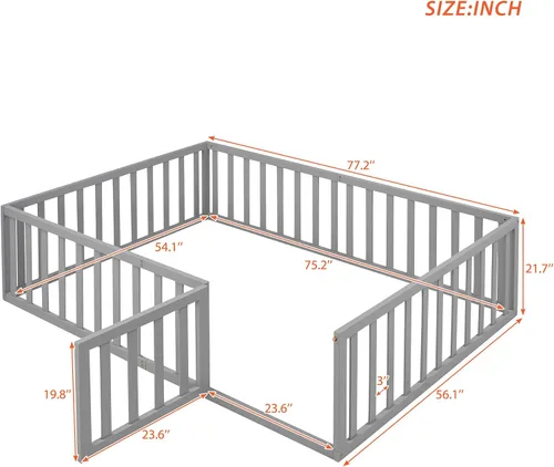 Vista 2 de Cama de suelo para niños, marco de cama Montessori de tamaño matrimonial con barandillas de valla para niños, camas de madera para niños y niñas