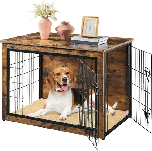 Vista 11 de Yaheetech 32" Mesa auxiliar de jaula para perros con cojín, jaula de madera para perros con puertas dobles/pies ajustables, mesa auxiliar lateral