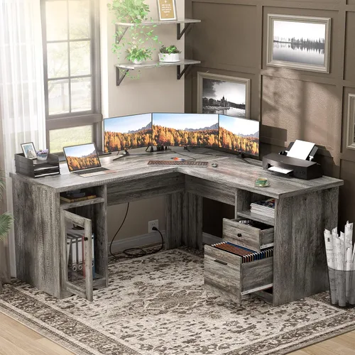 Vista 2 de Unikito Escritorio en forma de L con cajones, escritorios esquineros para computadora de 60 pulgadas con puerto de carga USB y toma de corriente