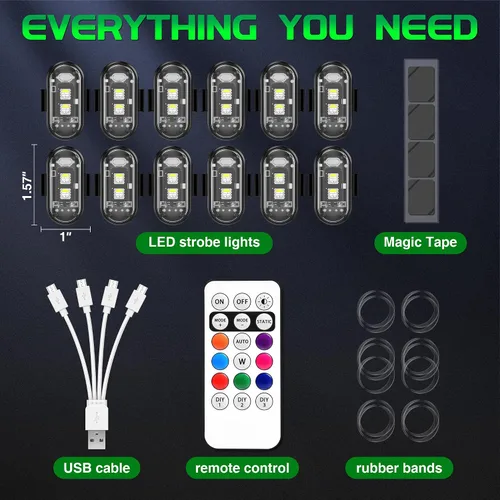 Vista 6 de Luces estroboscópicas RGB LED inalámbricas para aviones con control remoto, 8 colores, 10 modos de parpadeo, carga USB, luces anticolisión