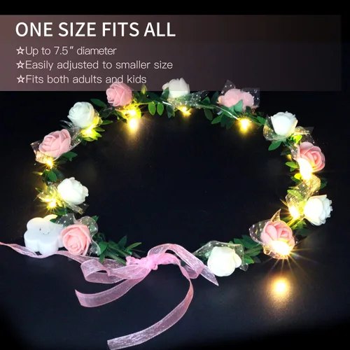 Vista 3 de Novelty Place Paquete de 4 diademas de flores iluminadas, corona de cabeza floral LED para bodas, festivales y fiestas, 4 piezas