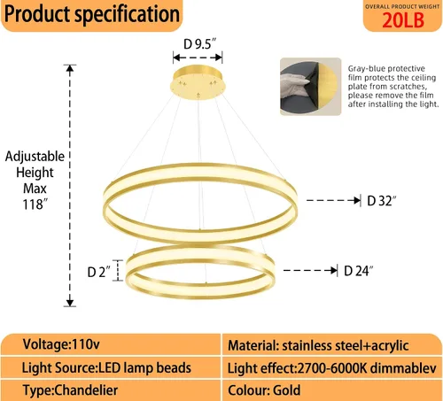 Vista 2 de Moderno candelabro de anillo acrílico regulable con LED, lámpara de anillo ajustable para comedor, sala de estar, dormitorio, cocina