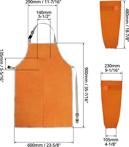 Vista 6 de QWORK Delantal y mangas de soldadura, juego de protectores de trabajo de soldadura, taller de trabajo de cuero resistente al calor y al fuego, ropa