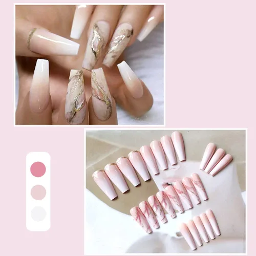 Vista 45 de Uñas postizas francesas a presión, uñas postizas largas de acrílico con forma de ataúd de cobertura completa, uñas postizas de bailarina