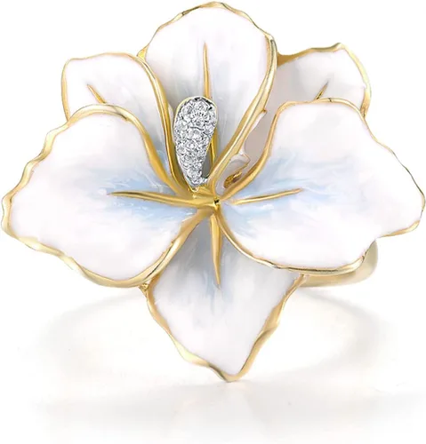 Vista 15 de Santuzza Anillo de diamante genuino de flor esmaltada de oro sólido amarillo de 10 quilates para mujer