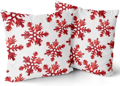 Vista 2 de Juego de 2 fundas de almohada de invierno de copos de nieve rojos de 18 x 18 pulgadas, fundas de almohada blancas de copos de nieve que caen, fundas