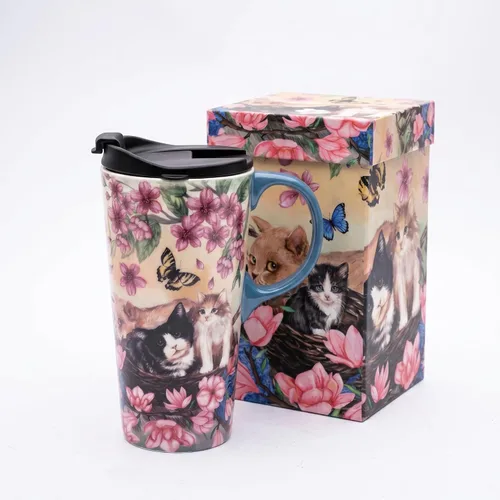 Vista 11 de Taza de viaje de cerámica de 17 onzas con tapa y caja de regalo, taza de café cardenal de arte popular, taza de té de porcelana de pájaro