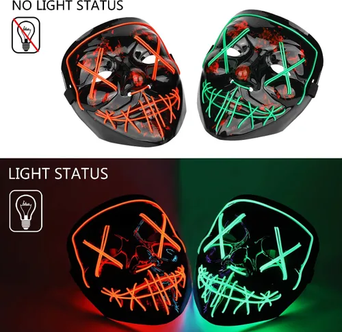 Vista 2 de Paquete de 2 máscaras de Purga de Halloween, máscara de luz LED, máscara de miedo para hombres, niños, cosplay, Halloween, fiestas de máscaras