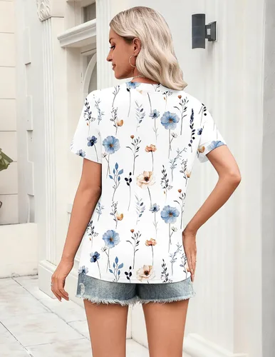 Vista 6 de Zeagoo Camisetas de manga corta con cuello en V para mujer, bonitas, elegantes, casuales, para negocios, trabajo, blusa
