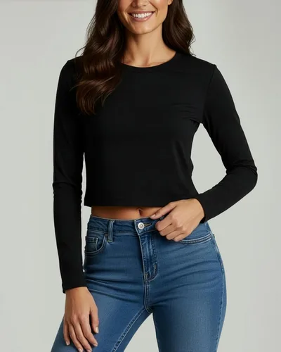 Vista 3 de Real Essentials 4 Pack: Camiseta de manga larga y cuello redondo para mujer, de algodón, recortada - Camiseta casual corta