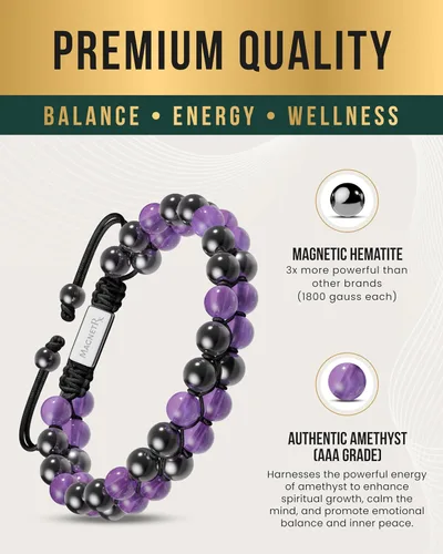 Vista 5 de MagnetRX® Pulsera de hematita y amatista, pulseras magnéticas de hematita de máxima fuerza, pulseras de cuentas moradas con cristales de amatista