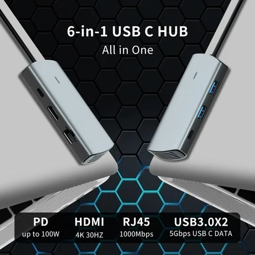 Vista 2 de Hub USB C 6 en 1 con HDMI 4K, 2 puertos USB 3.0 USB C PD 1 Gbps Ethernet compatible con laptop, MacBook Pro, MacBook Air, iPad, XPS y más