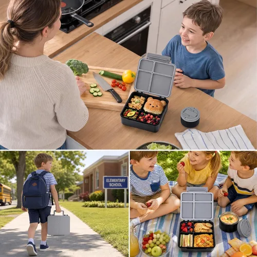 Vista 7 de MAXSO Set de Lonchera Bento para Niños con Termo de Sopa de 8 oz, Envase para Comida Caliente a Prueba de Fugas con 4 Compartimentos, Tarro