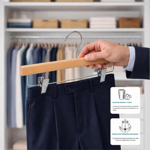 Vista 8 de ZOBER Perchas de madera para pantalones con clips, perchas para ropa Natural - Paquete de 10