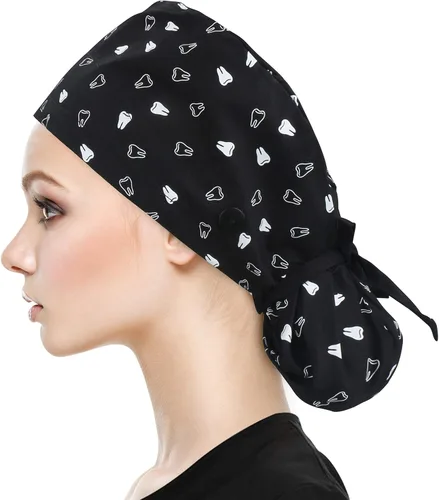 Vista 44 de QBA Gorra de trabajo ajustable con botón, gorro forrado de satén, gorro de trabajo de algodón, banda elástica para atar en la espalda, unisex