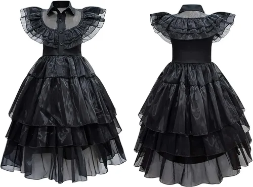 Vista 2 de Magwei Vestido de disfraz de Wednesday Addams para niños y niñas, disfraz de la familia Addams, para cosplay, fiesta de Halloween, traje de 3-12 años