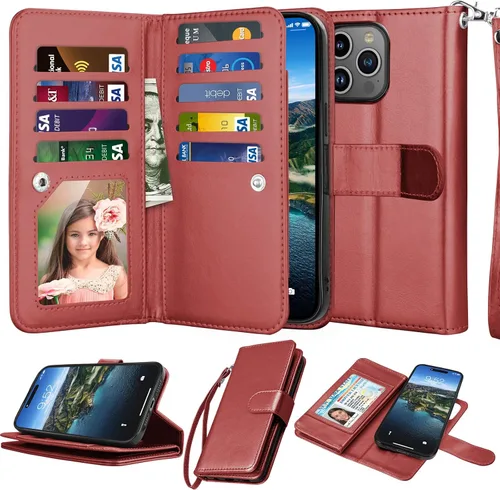 Vista 8 de Njjex Funda tipo cartera para iPhone 15 Pro Max de 6.7 pulgadas 2023, para iPhone 15 Pro Max, 9 ranuras para tarjetas, soporte de crédito