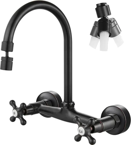 Vista 16 de Airuida Grifo de cocina de montaje en pared con rociador, grifo de fregadero de cocina montado en la pared, manijas dobles cruzadas, boquilla