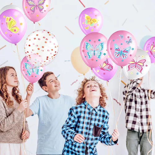 Vista 6 de Libima 45 globos de látex de mariposa para decoración de cumpleaños, globos de látex de hadas rosas y moradas, decoraciones para niñas, princesas