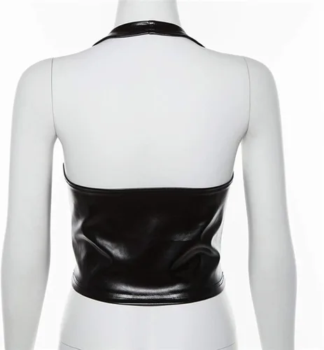 Vista 6 de FlyCC Camiseta corta de piel sintética con tirantes delgados ajustables para mujer