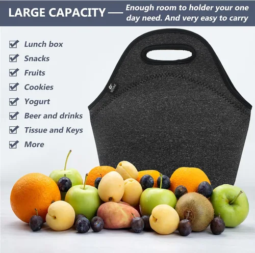 Vista 4 de LOVAC Lonchera de neopreno para hombres, bolsa de almuerzo aislada, duradera e impermeable, reutilizable, suave y ligera (negro)