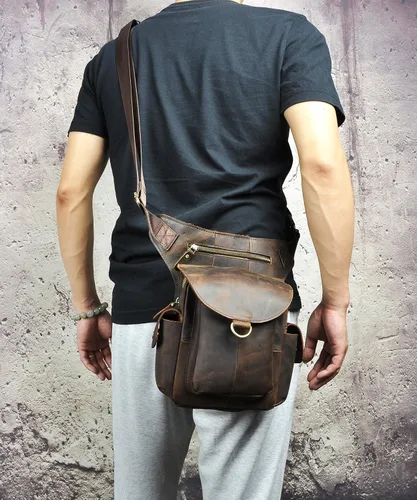 Vista 2 de Leaokuu Bolso bandolera de cuero para hombre para motocicleta táctica riñonera riñonera bolsa de pierna caída