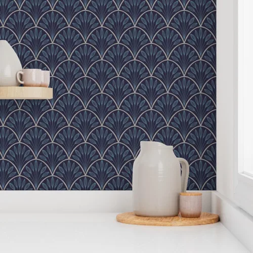 Vista 8 de Spoonflower Art Deco Leaves Pre-Pasted Removable Wallpaper Sample 12" x 24" 1920 1930S Flappers Vintage Blue Navy Water-activated, simple to