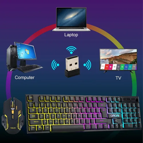 Vista 6 de Teclado inalámbrico y mouse para videojuegos, batería recargable con retroiluminación RGB, combo de jugador, sensación mecánica, anti-fantasma
