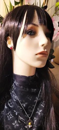 Vista 9 de Hermoso collar y aretes con colgante de mariquita en tono plateado, cadena de 19 pulgadas, joyería de moda en caja de regalo, Diamante de imitación