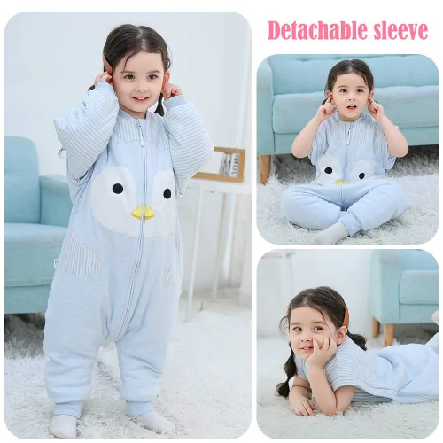 Vista 2 de Happy Cherry Saco de dormir de algodón grueso de invierno para bebé, manta cálida con mangas desmontables, Pingüino - Azul