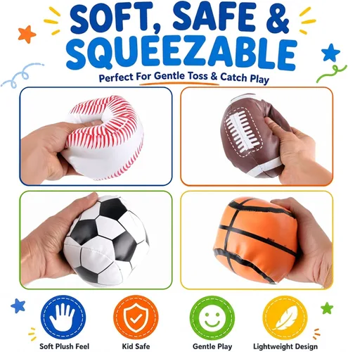Vista 3 de Liberty Imports Paquete de 4 pelotas deportivas de peluche suave de 5 pulgadas para niños, niños pequeños, fútbol, béisbol, baloncesto, fútbol