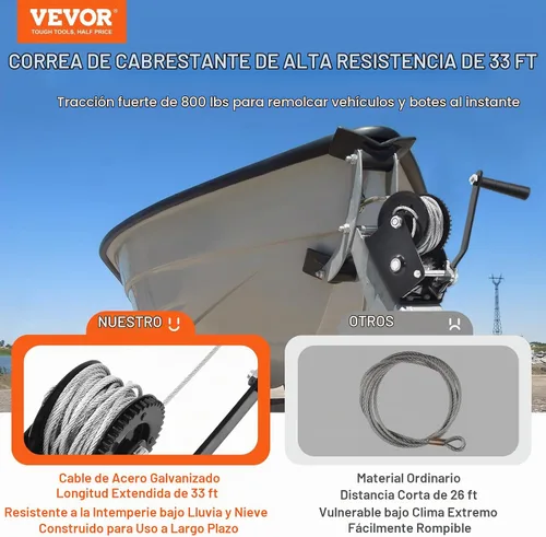 Vista 2 de VEVOR Cabrestante de mano, capacidad de tracción de 800 libras, manivela de cuerda resistente con cable de alambre de acero de 33 pies y trinquete