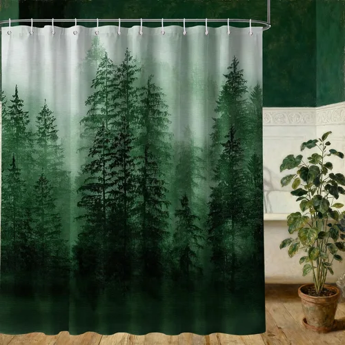 Vista 9 de Cortina de ducha estrecha para hombre, diseño de bosque negro y gris, para casa rodante, juego de decoración de baño, tela impermeable con ganchos