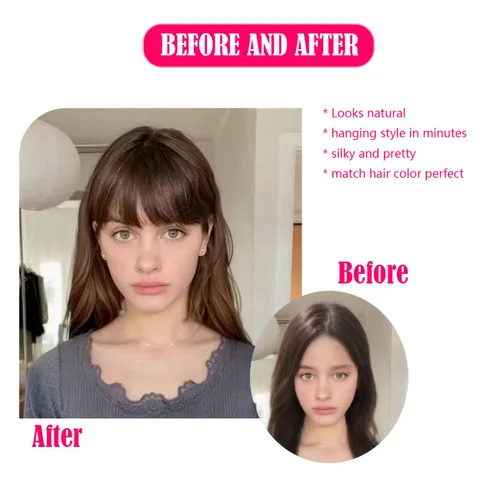 Vista 2 de Extensiones de cabello humano real con flecos, clip en flequillo, con sienes
