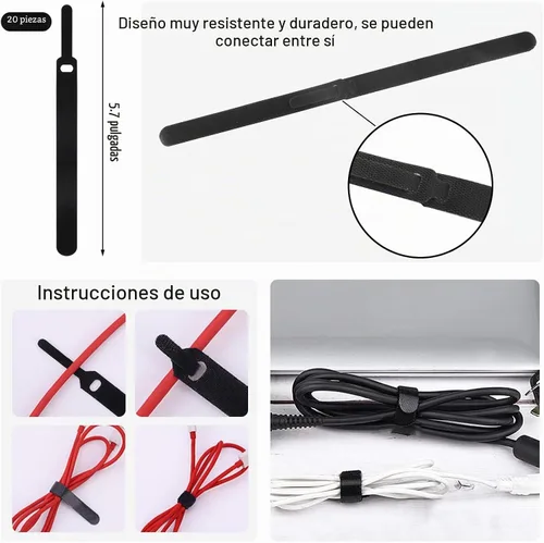 Vista 5 de Kit de organización de cables de 137 piezas, 4 fundas para cables, 100 bridas para cables, 10 clips para cables, 15 bridas adhesivas de pared, 10
