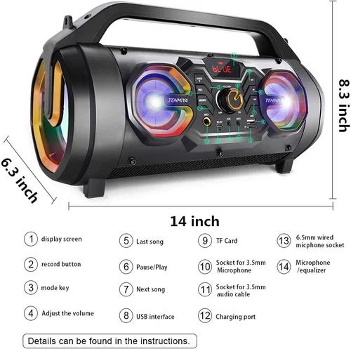 Vista 5 de Altavoz Bluetooth, Boombox Bluetooth portátil de 30 W con subwoofer, radio FM, luces coloridas RGB, ecualizador, sonido estéreo, graves potentes