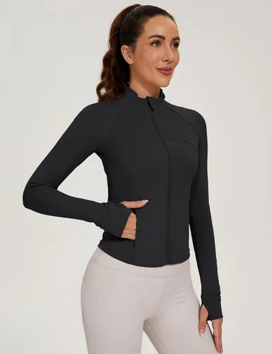 Vista 5 de LOMON Chaqueta atlética con cremallera completa para mujer, ligera, para entrenamiento, correr, yoga, con agujeros para el pulgar