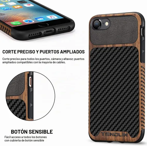 Vista 5 de TENDLIN Funda compatible con iPhone SE 2022/SE 2020/8/7, diseño de textura de fibra de carbono de grano de madera, diseño de textura de cuero, funda