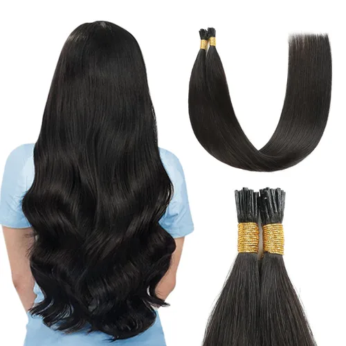 Vista 14 de Sunya - Extensiones de cabello humano con punta en I de 14 pulgadas, color negro azabache, extensiones de cabello humano con punta en I, extensiones