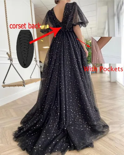 Vista 2 de Vestido de fiesta largo de tul estrellado brillante con mangas abullonadas y cuello en V con abertura, vestido de fiesta formal con bolsillos