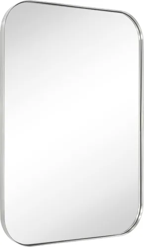 Vista 3 de Espejo de pared rectangular redondeado de níquel cepillado de 22 x 30 pulgadas, espejo de pared rectangular con marco de metal de acero inoxidable