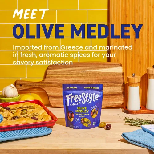 Vista 3 de Freestyle Snacks Paquetes de Aperitivos de Oliva - Como se ve en Shark Tank - Olivas verdes y Kalamata frescas sin hueso, tamaño jumbo, cultivadas