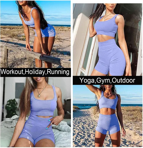 Vista 4 de TWFRHC - Conjuntos de entrenamiento para mujer con tirantes acanalados, 2 piezas, sin costuras, cintura alta, para gimnasio, pantalones cortos